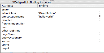 HelloWorld Direct Action Exampl WOHyperLink bindings